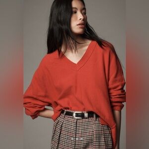 MAEVE Anthropologie Relaxed Oversized V-Neck Sweater Red Size Small
